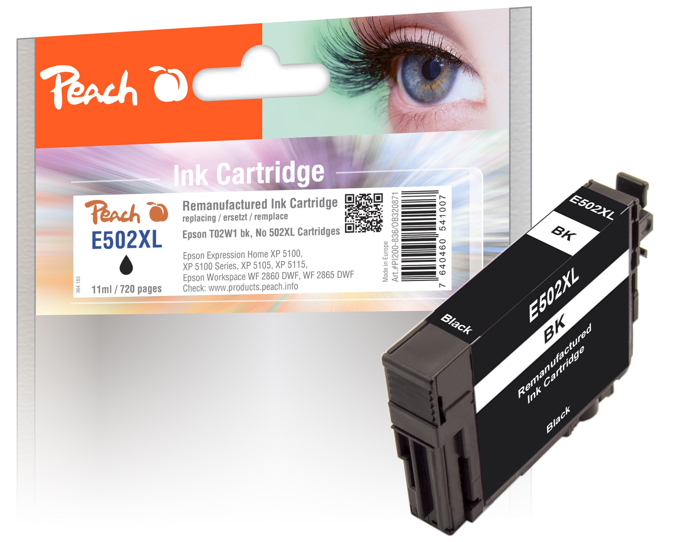 Peach E502 XLBK Druckerpatrone XL bk ersetzt Epson No. 502XLBK, C13T02W14010 für z.B. Epson Expression Home XP -5100, Epson Expression Home XP -5105 (wiederaufbereitet)