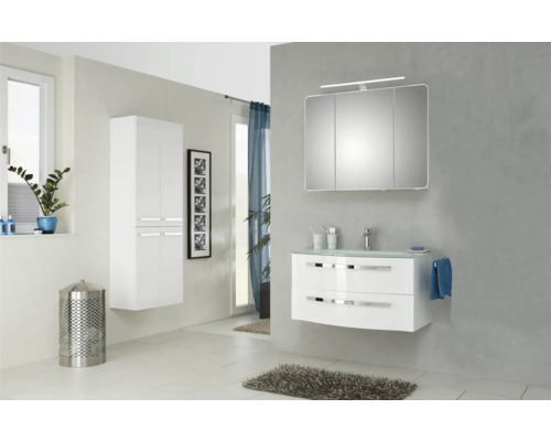 3-delige badkamermeubelset Pelipal xpressline 4005 BxHxD 92 x 200 x 49,1 cm, hoogglans witte fronten, met witte glazen wastafel en glazen wastafelmeubel, wastafelkast, spiegelkast met LED-verlichting, chromen greep, 992.0900111 9920900111