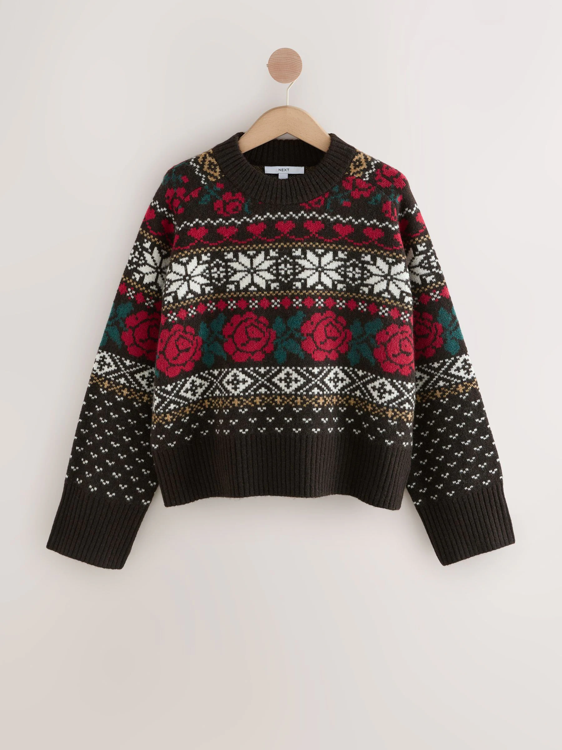Chocoladebruin Fairisle - Gebreide trui met ronde hals van wol