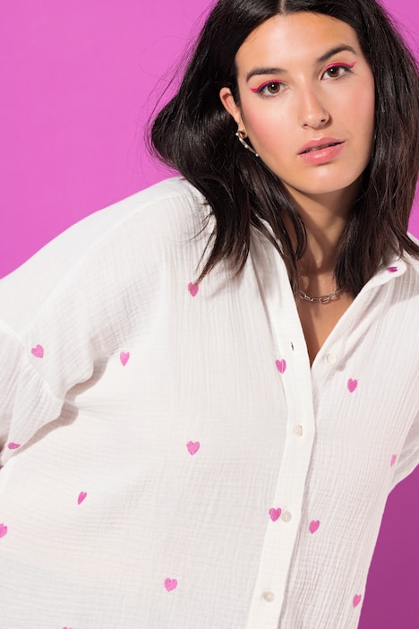Hemdbluse, oversized, Musselin, Herz-Stickerei, Hemdkragen, Langarm