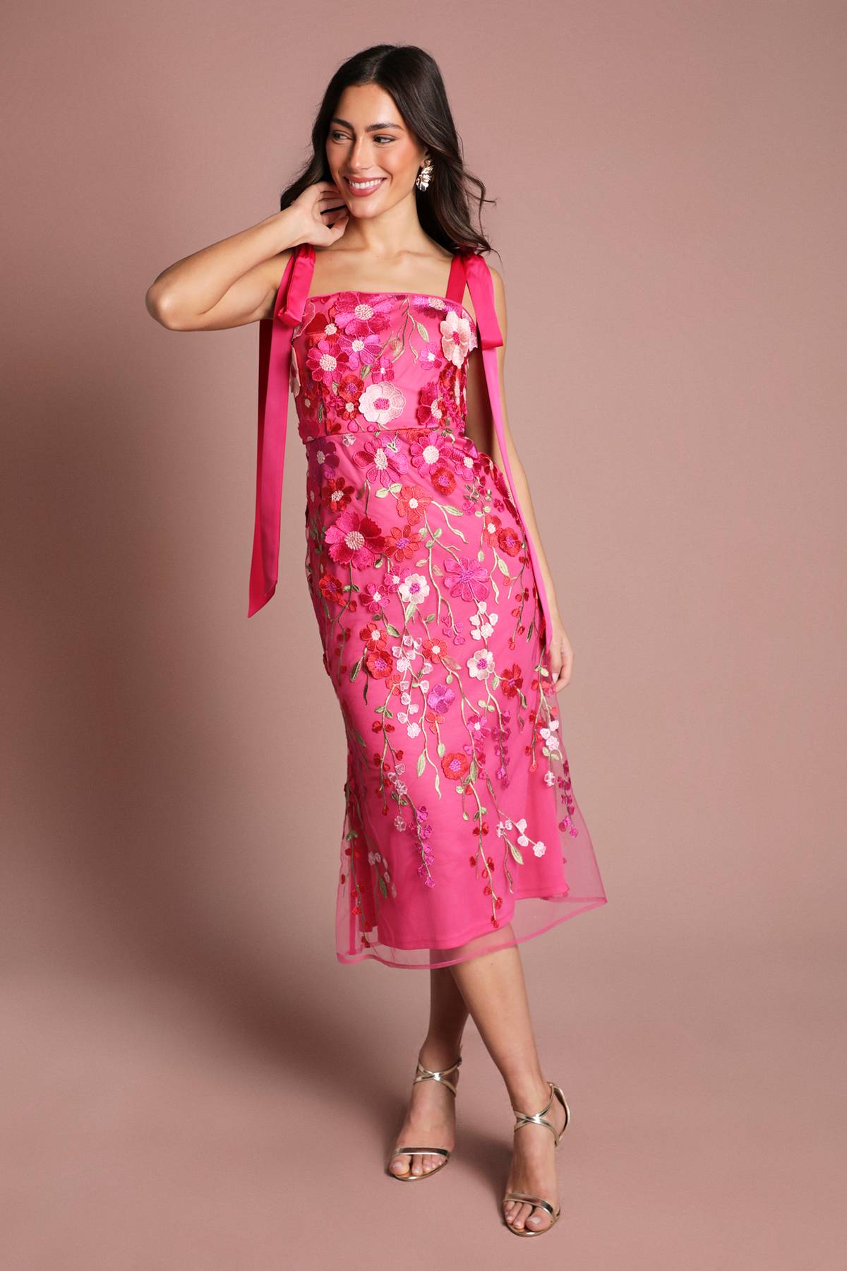 Coast Robe Midi Coast Muse En Mesh Floral 3d Avec Bretelles Nouées