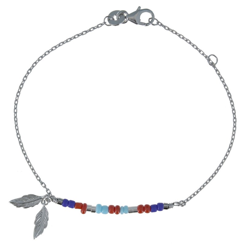 Bracelet Argent Rhodié Petite Plume et Perles Bleu Rouge Turquoise