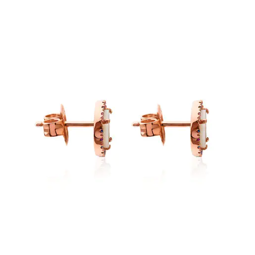 Brincos Camille com banho de ouro rosa 18k sobre prata, madrepérola e safira multicolorida.