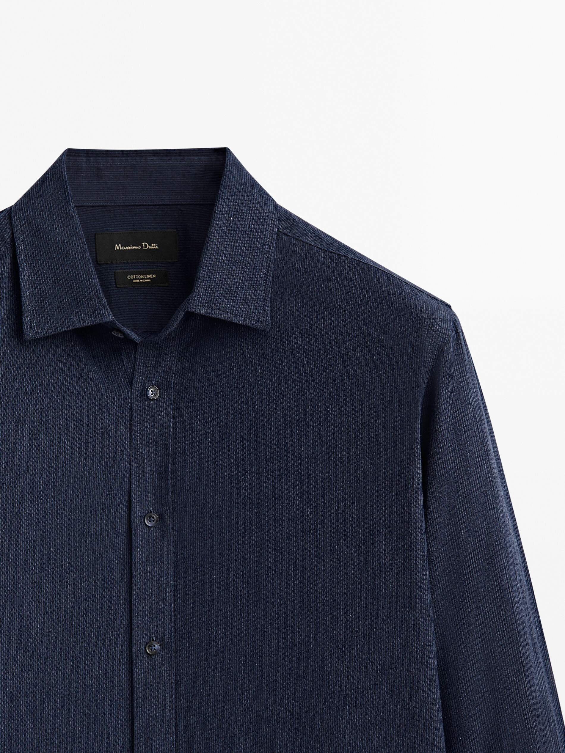 Camisa listrada de corte justo em linho e algodão - AZUL MARINHO