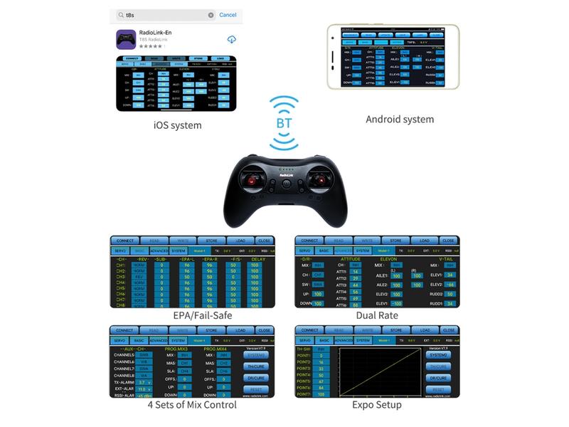 RadioLink Fernsteuerung T8S-BT 2.4 GHz, 8 Kanal, mit Empfän Kompakter 8-Kanal Sender für Flugmodelle