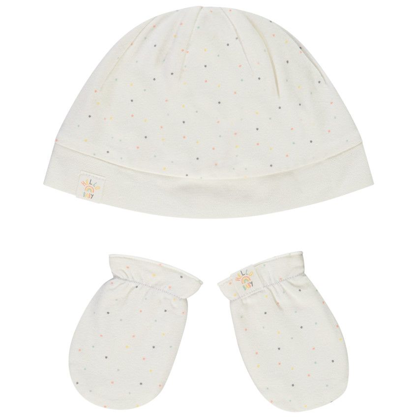 Ensemble bonnet + moufles imprimé pois pour bébé - Ecru
