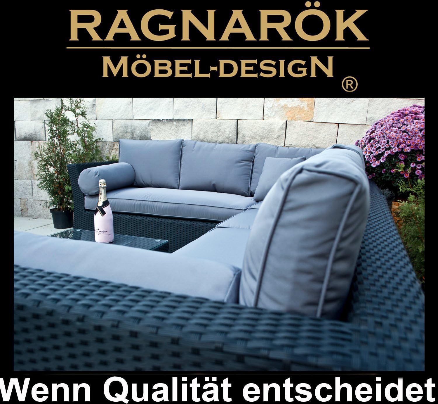 Ragnarök-Möbeldesign PolyRattan Lounge DEUTSCHE Marke - EIGENE Produktion - 8 Jahre GARANTIE auf UV Besträndigkeit SCHWARZ Gartenmöbel Aluminium