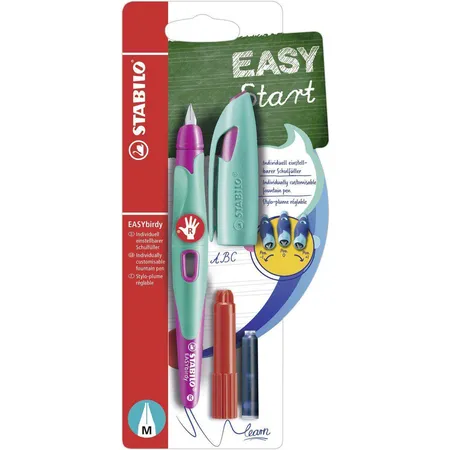 Ergonomischer Schulfüller für Rechtshänder mit Standard-Feder M - STABILO EASYbirdy in türkis/neonpink - Einzelstift - inklusive Patrone und Einstellwerkzeug - Schreibfarbe blau (löschbar)