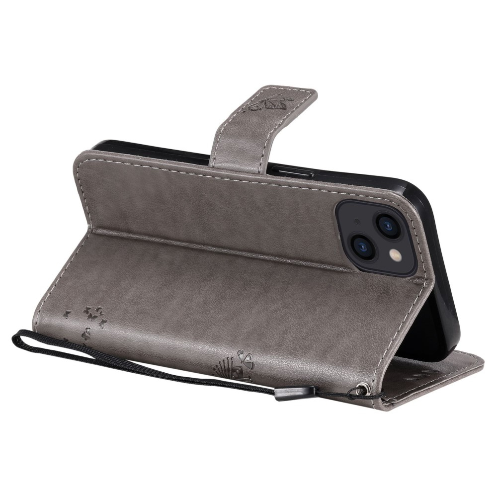 iPhone 14 Leder Tasche Flip Cover Baum Imprint - Grau