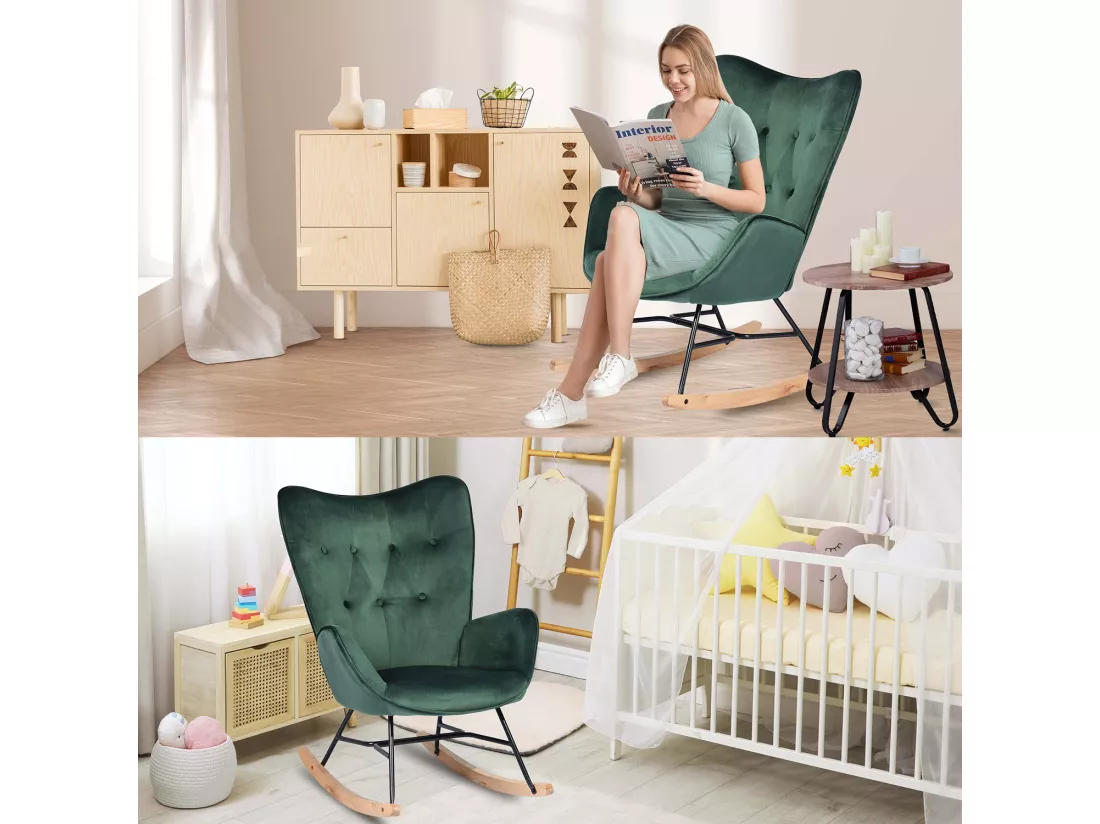 MEUBLES COSY Fauteuil à Bascule Allaitement Rocking Chair Scandinave Chaise Loisir Revêtement en Velours avec Pieds en Bois Massif pour Salon, Chambre, Le Balcon, Vert