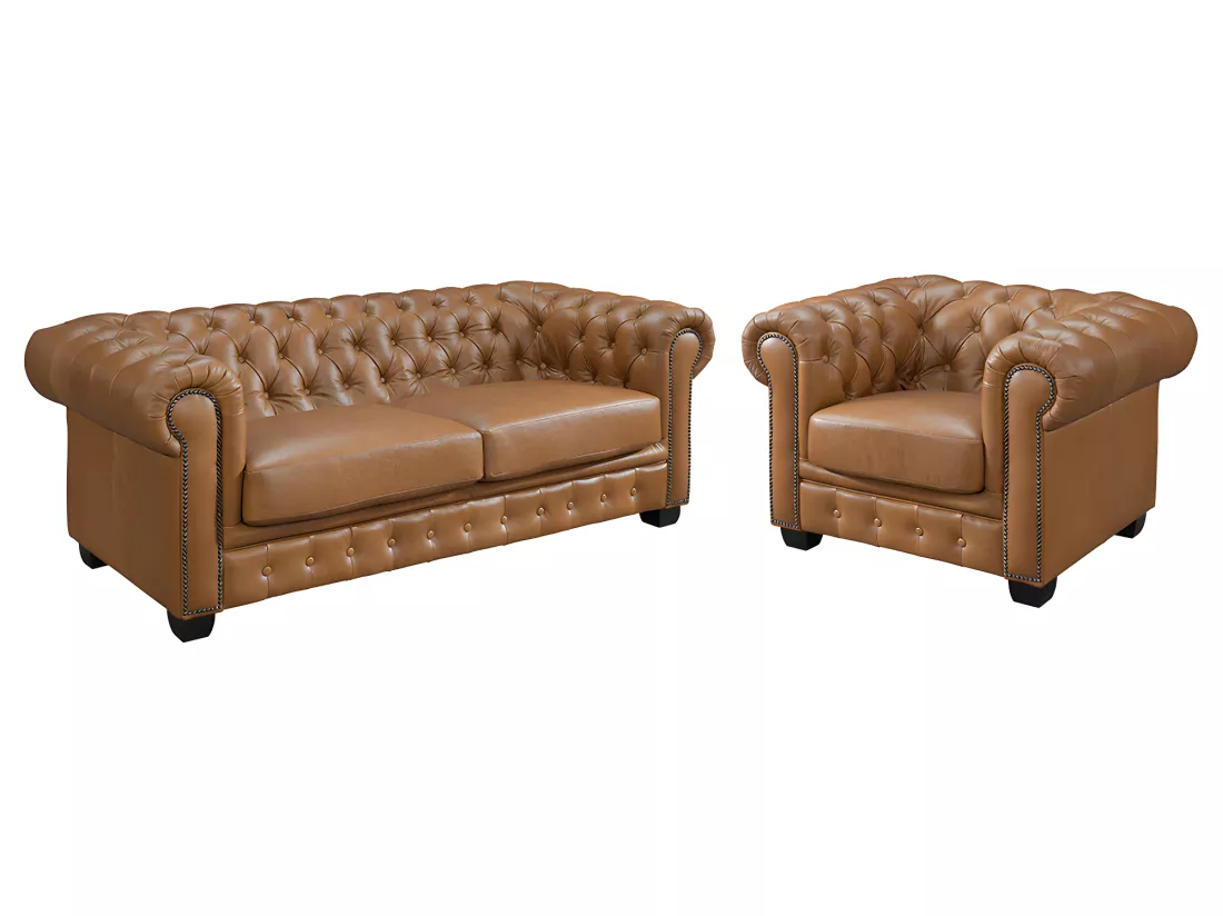 Canapé chesterfield 3 places et un fauteuil BRENTON 100% cuir de buffle premium - Caramel vintage