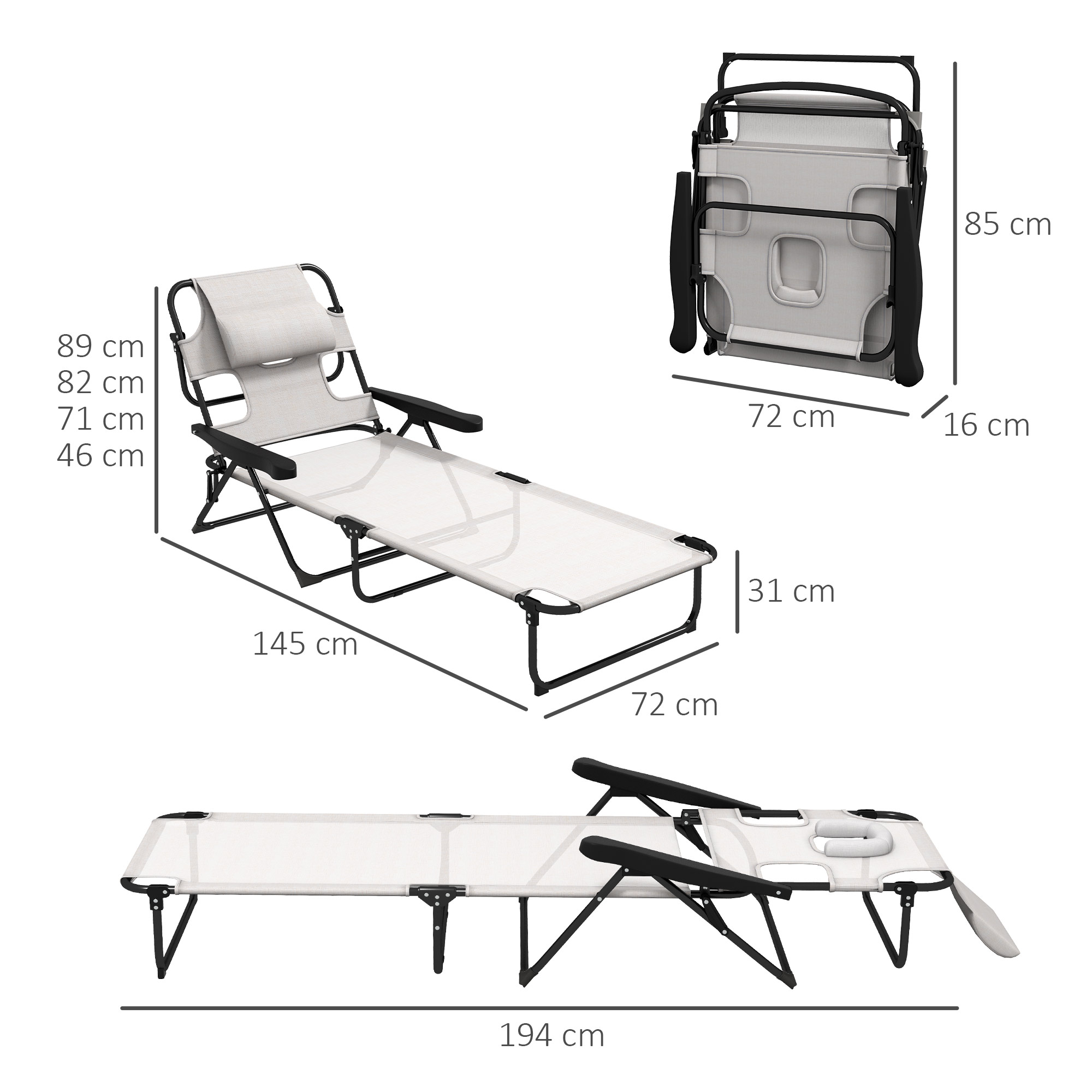 Espreguiçadeira dobrável Outsunny para jardim, com encosto ajustável em 4 níveis, orifício para leitura e apoio de cabeça, ideal para pátio ou piscina, 194 x 72 x 31 cm, cor creme.