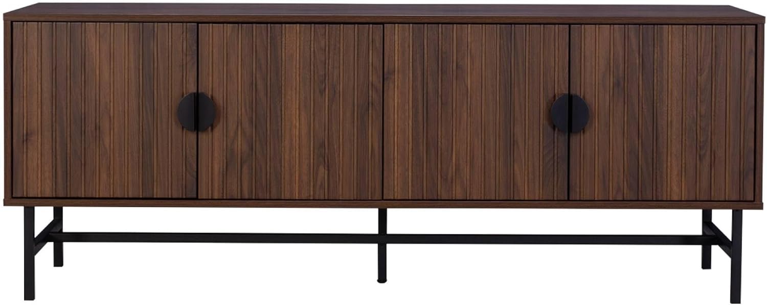 sweeek TV-Möbel, nussbaumfarbenes, geriffeltes Holzdekor, Vier Türen, Zwei Regale, L 160 x B 39 x H 60cm - Bazalt