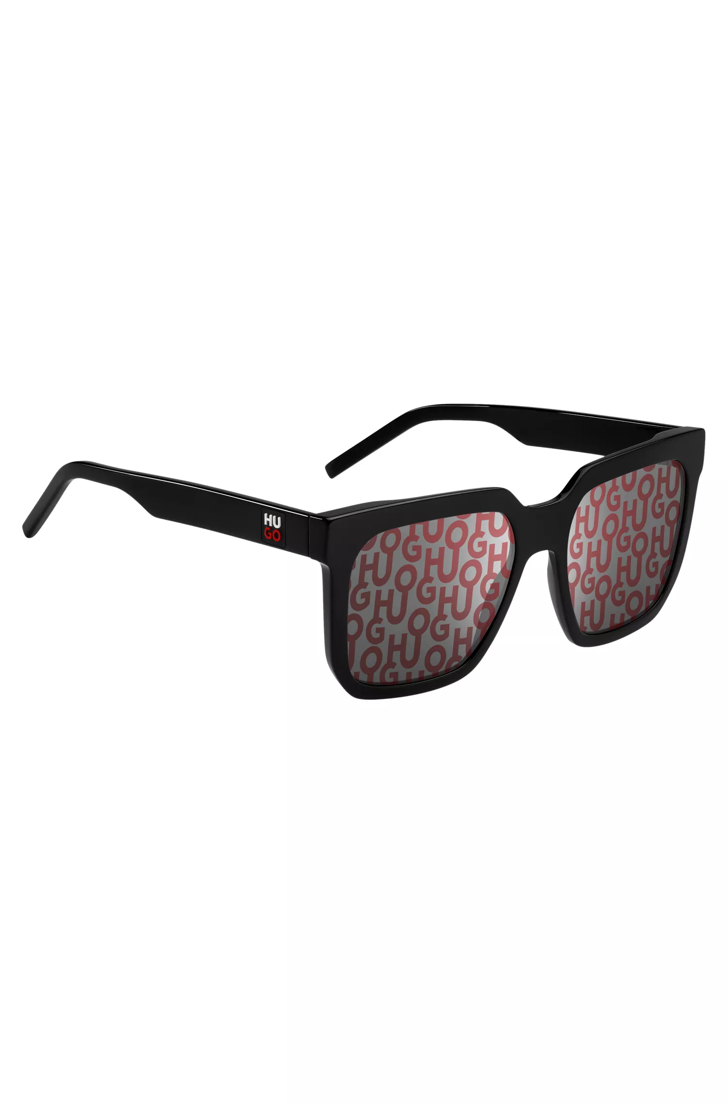 Óculos de sol HUGO em acetato vermelho e preto com lentes de logotipo sobrepostas.