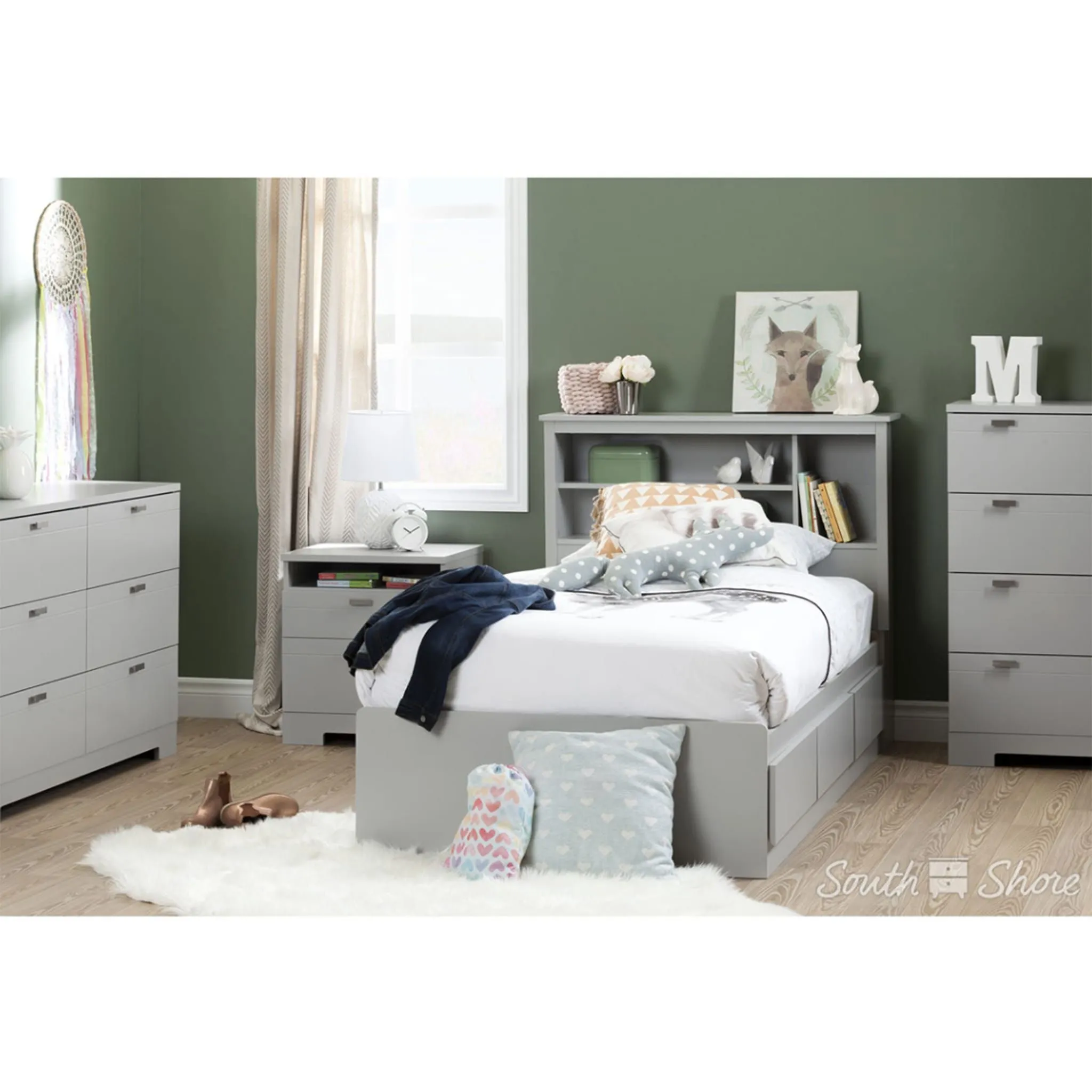 South Shore Lit Matelot Simple 3 Tiroirs Reevo - Gris Clair