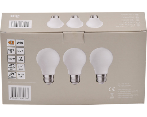 3x LED Lamp A60 E27/4.5W (40W) 470 lm 6500 K daglichtwit mat 3 stuks