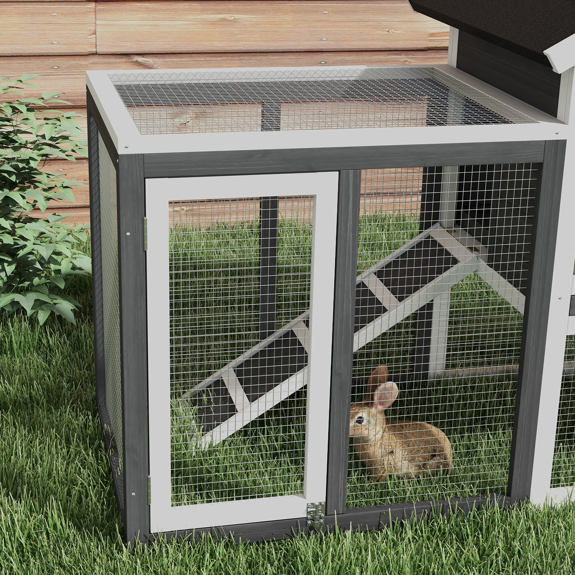 PawHut Kleintierkäfig mit Asphaltdach weiß, grau 122L x 62,6B x 92H cm
