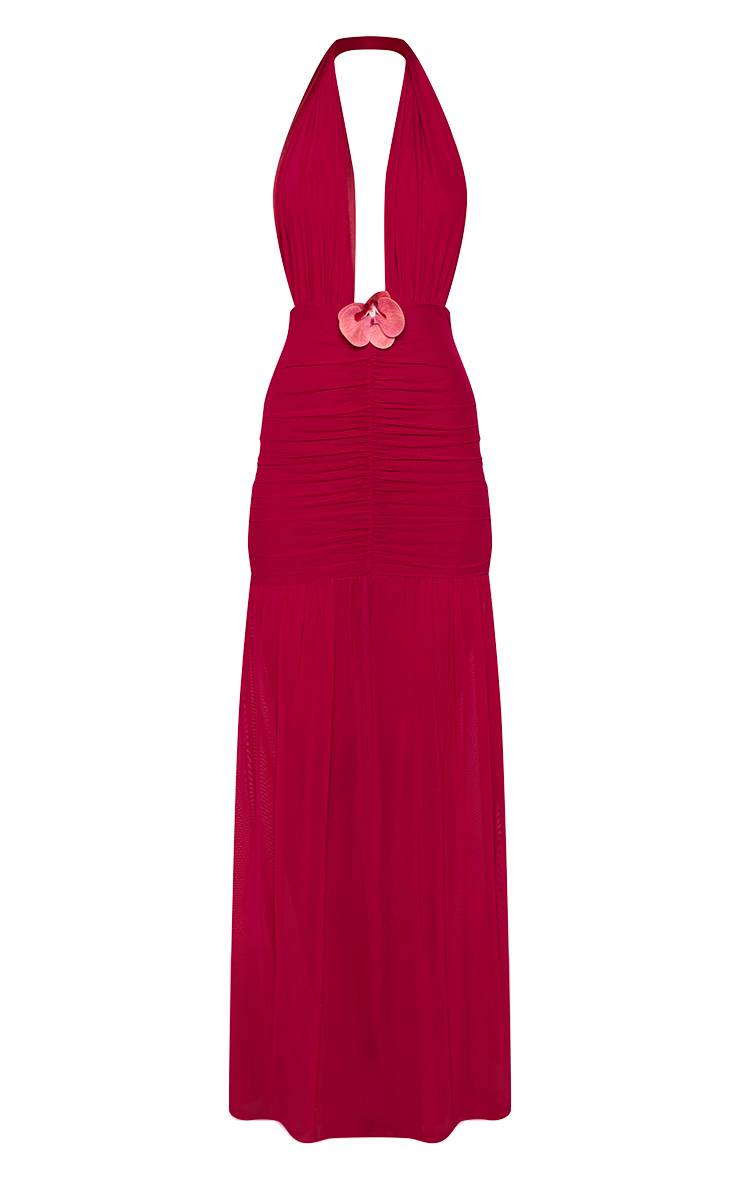 Rose Fuchsia Robe Longue En Mousseline À Décolleté Plongeant Avec Détail Floral