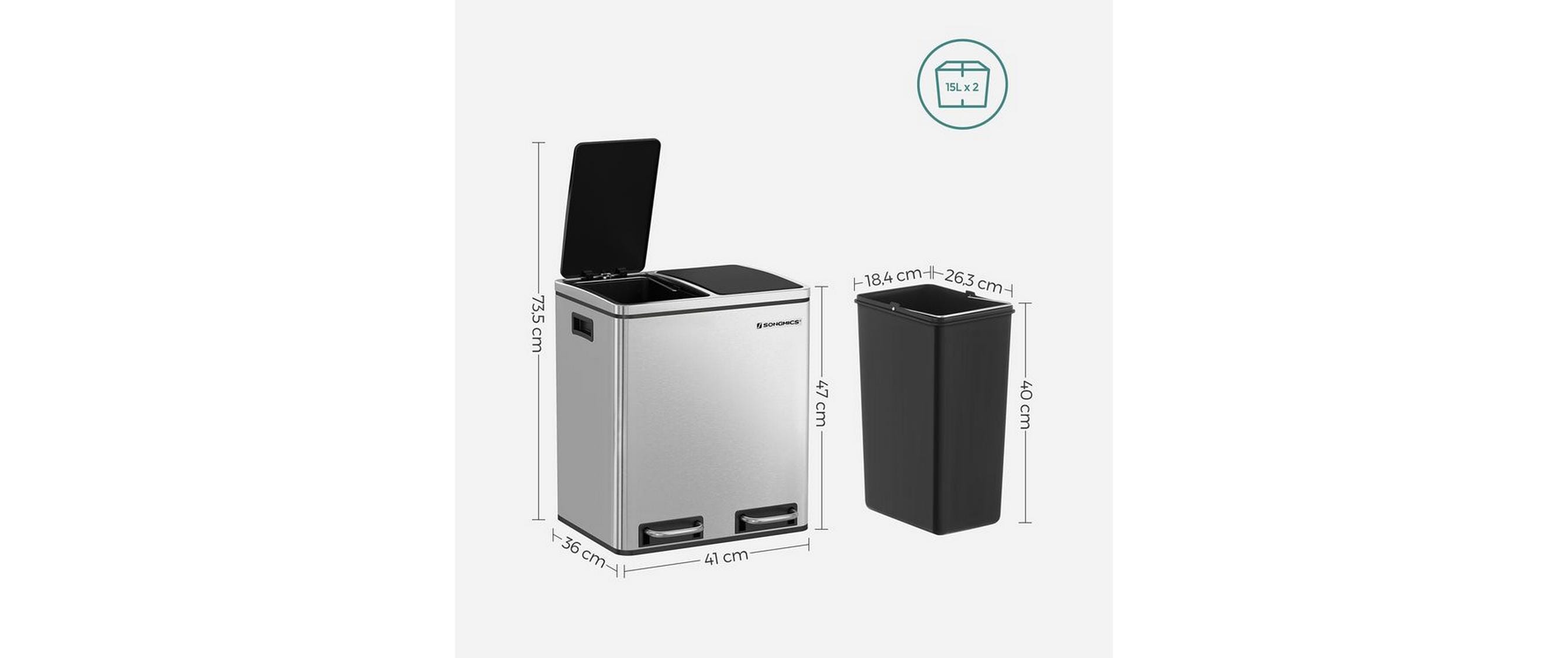 Abfalleimer 30 l, Silber<br>Treteimer mit zwei Fächern