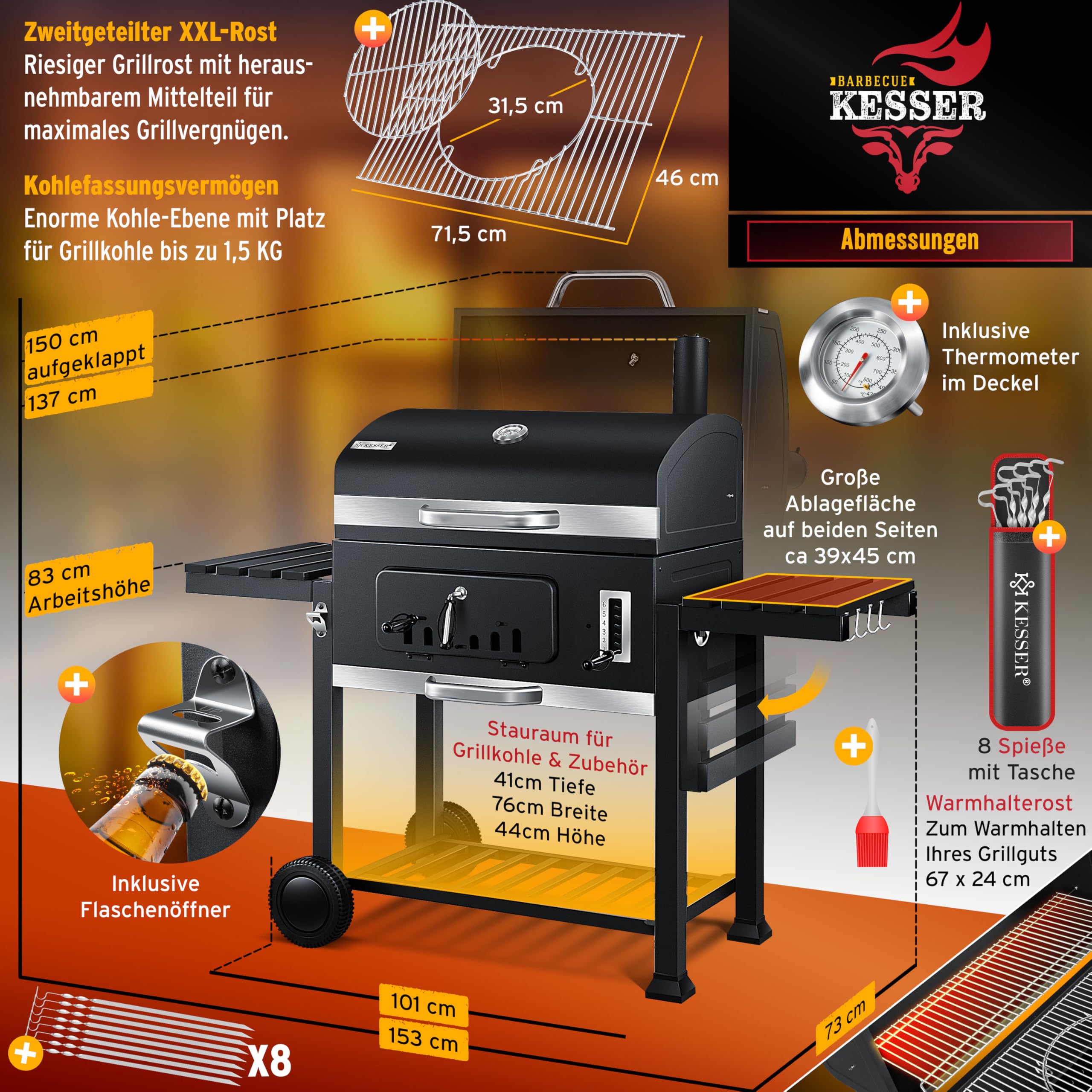 KESSER® Chariot à Barbecue | Grill XXL à Charbon de Bois avec Couvercle, Roues, poignée en Acier Inoxydable, Grille et thermomètre | Grand Barbecue au Charbon de Bois