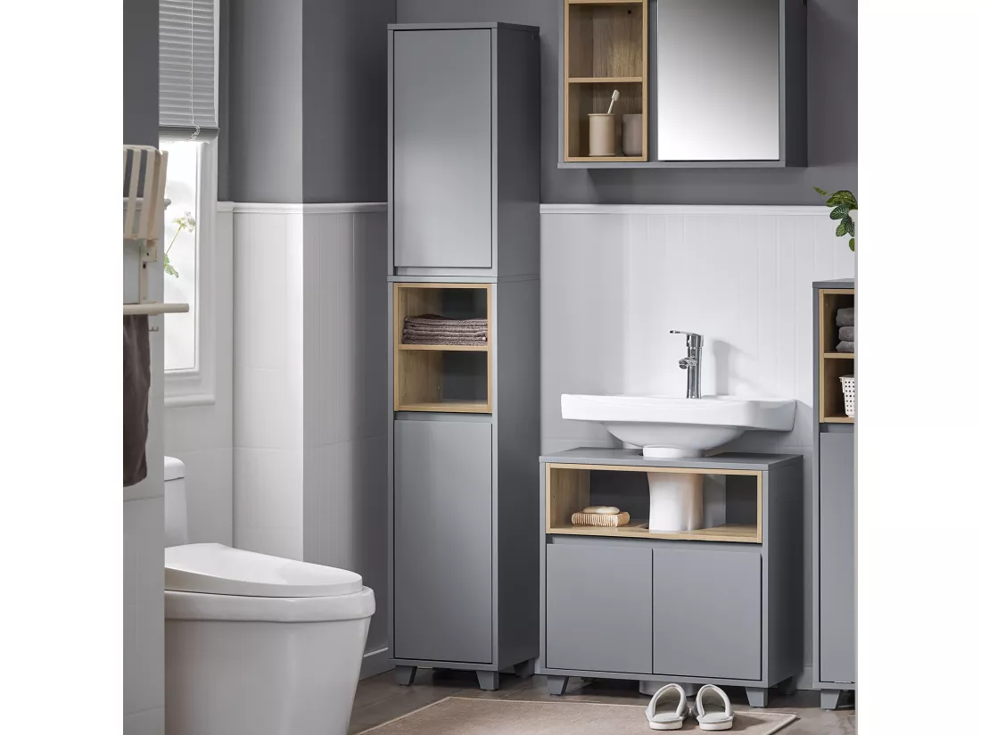SoBuy BZR147-DG Meuble Colonne Armoire de Salle de Bain Étagère Étroite Meuble de Rangement Salle de Bain avec 2 Portes et 2 Compartiments, 30 x 30 x 170 cm, Gris