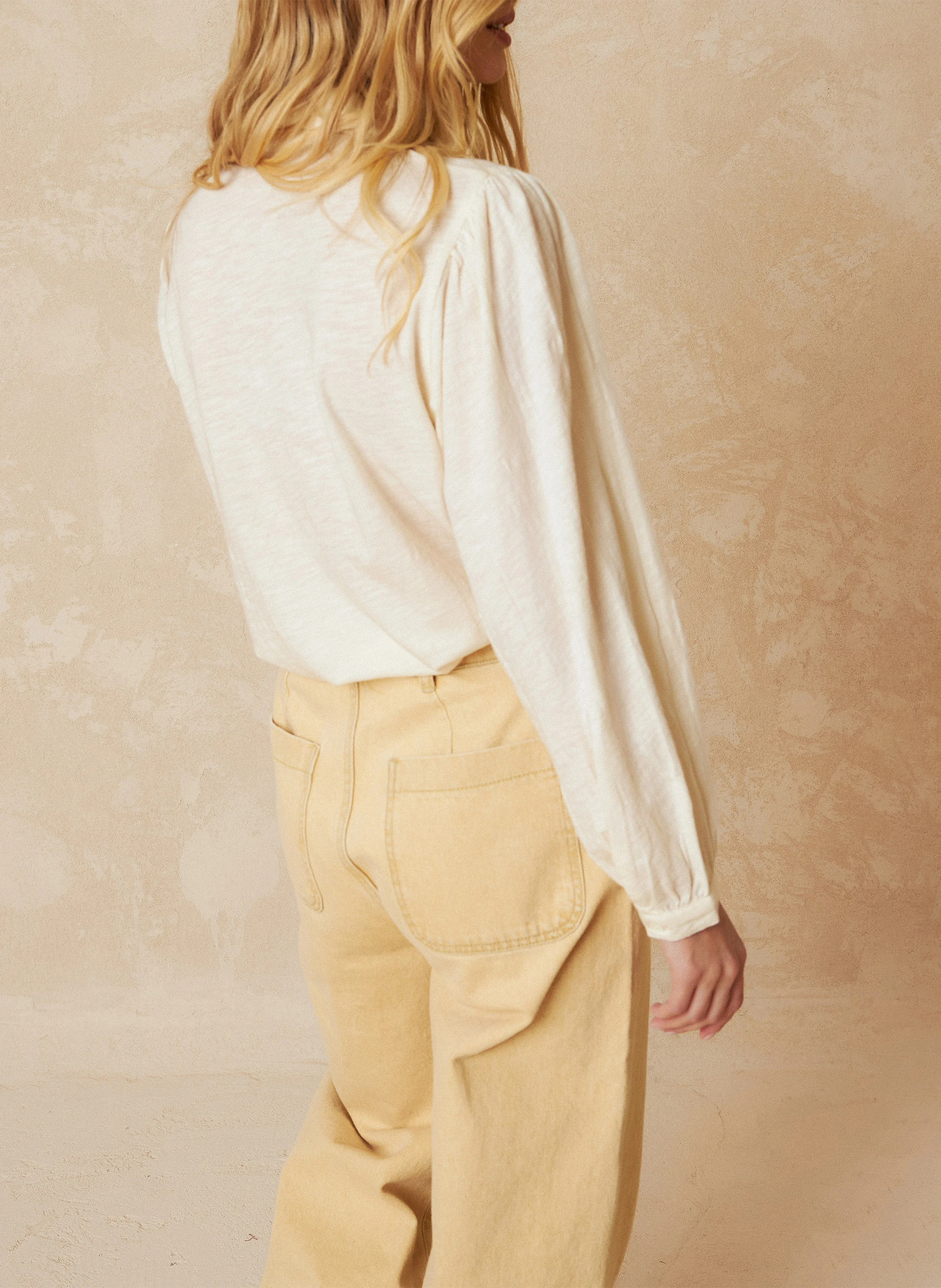 Blouse droite col classique ajourée en coton | Blanc