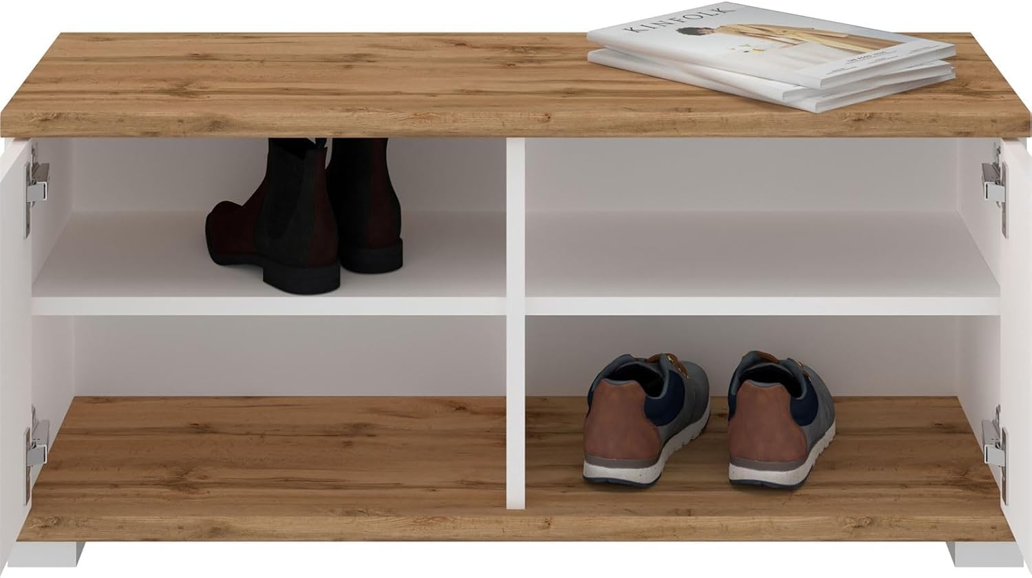 CARO-Möbel Sitzbank Bilbao mit 2 Türen & 4 Fächern in WOTAN Eiche/Weiß, belastbar bis 100 kg Schuhregal mit Sitzfläche Schuhbank Garderobenbank Flurmöbel