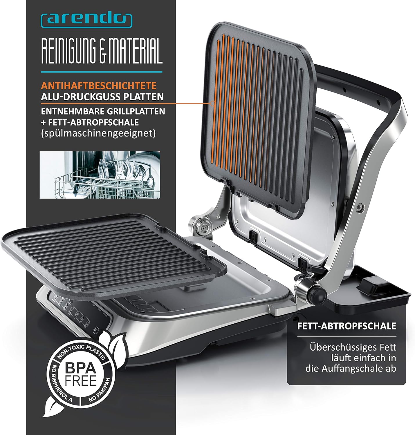 Arendo - Kontaktgrill Elektrogrill - elektrischer Tischgrill - Sandwichmaker - Multi Grill mit Digitalsteuerung 1900 W - 7 Programme - Leicht Reinigung durch abnehmbare Platten - Edelstahl