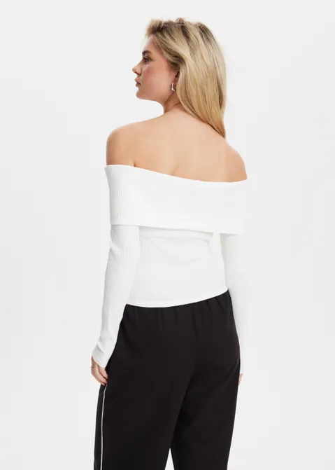 Off-shoulder top met rib off-white (WIT.O)