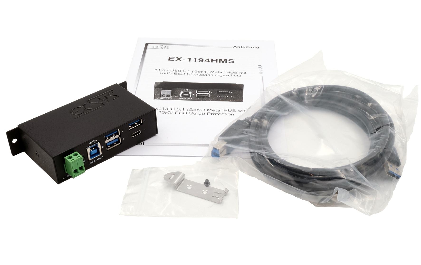 USB-Hub EX-1194HMS 1x USB-C und 3x UAB-A Ports4 Port USB 3.2 Gen 1 Metall HUB, 1x USB-C und 3x UAB-A Ports (Surge Protection)