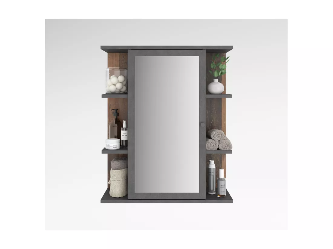 Meuble Haut de Salle de Bain 1 Porte Miroir et 6 Niches - Madoc