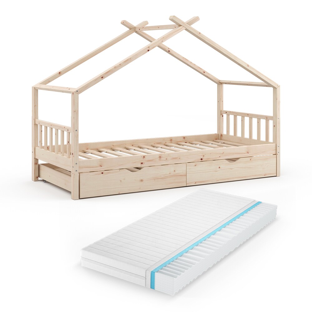 VITALISPA Kinderbett DESIGN Hausbett Gästebett Lattenrost Natur 90x200 Matratze