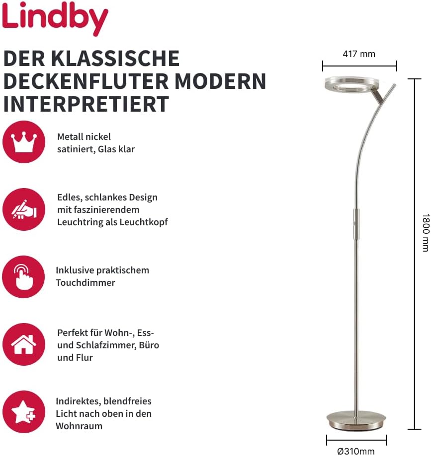 Lindby LED Stehlampe, Deckenfluter dimmbar mit Touchdimmer Standleuchte nickel satiniert 1x 30W warmweiß 3000K Stehleuchte Wohnzimmer