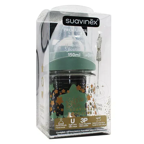 Mamadeira Suavinex de gargalo largo com fluxo variável, Haute Couture, azul/verde, 150ml