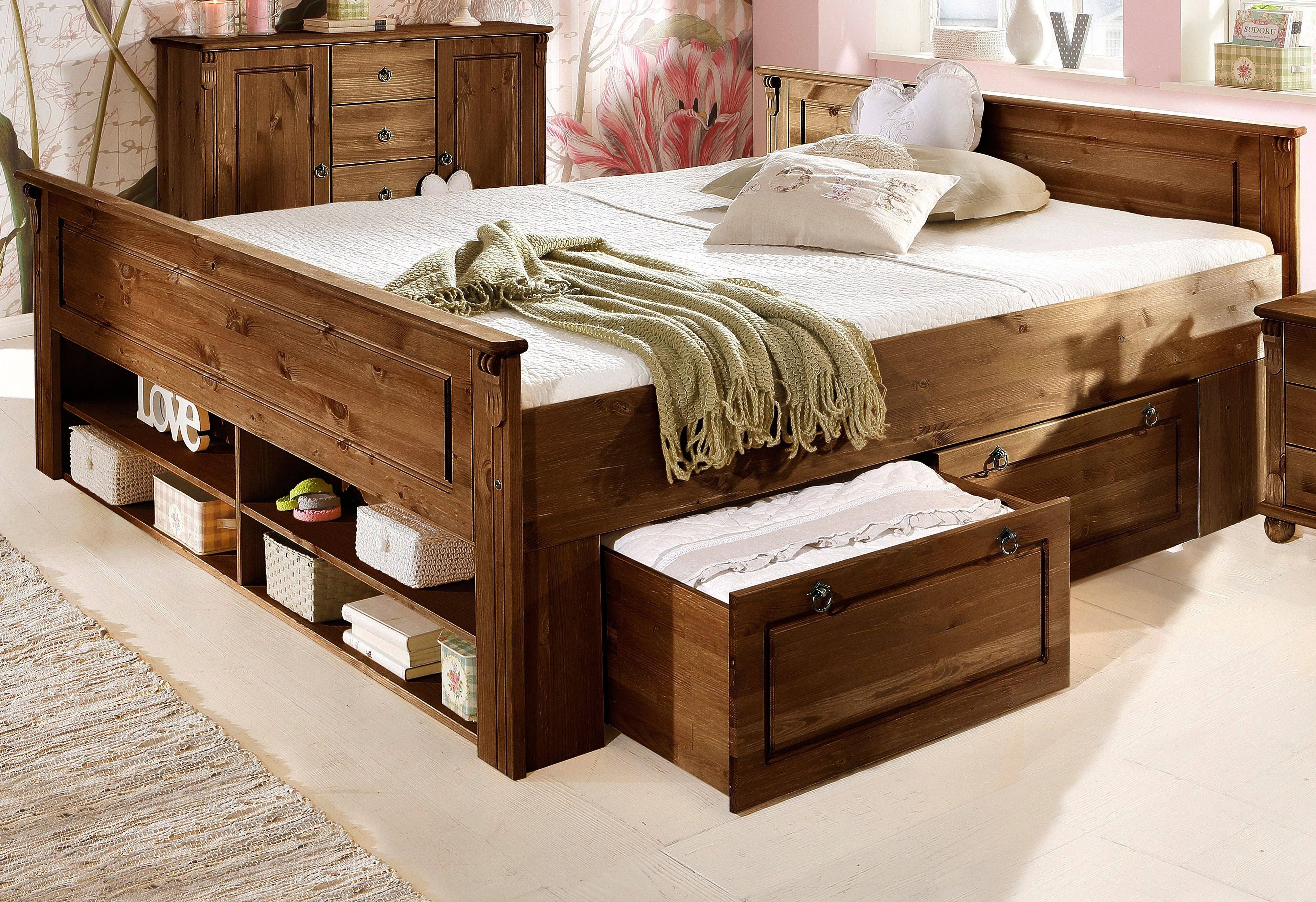 Massivholzbett HOME AFFAIRE Tessin Stauraumbett Landhausstil Schubladen optional