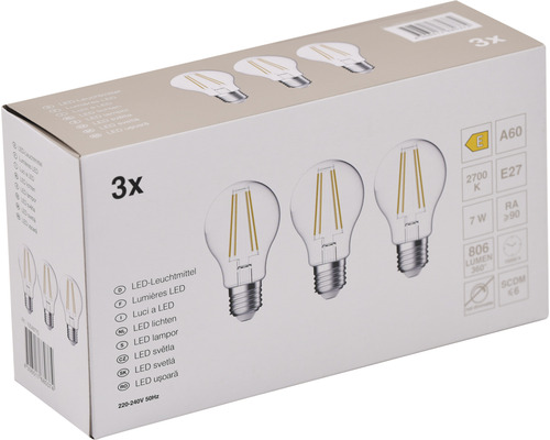 3x LED Lamp A60 E27/7.0W (60W) 806 lm 2700 K warm wit helder 3 stuks