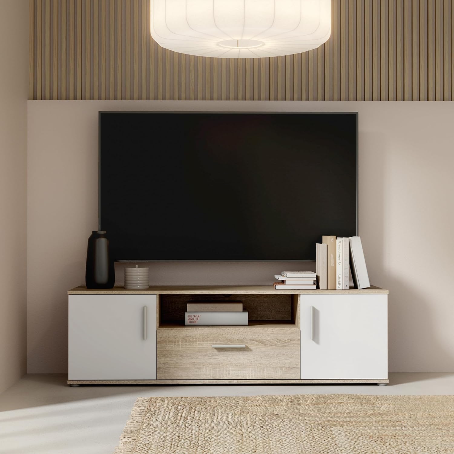 Forte IKOLI TV Schrank 140 150, modernes Lowboard mit 2 Türen und 1 Schublade, offenes Fach, Wohnzimmer, Holzwerkstoff, Weiß mit Sonoma Eiche Holzdekor, 144,6 cm breit x 43,3 cm hoch x 41,3 cm tief YK9569748