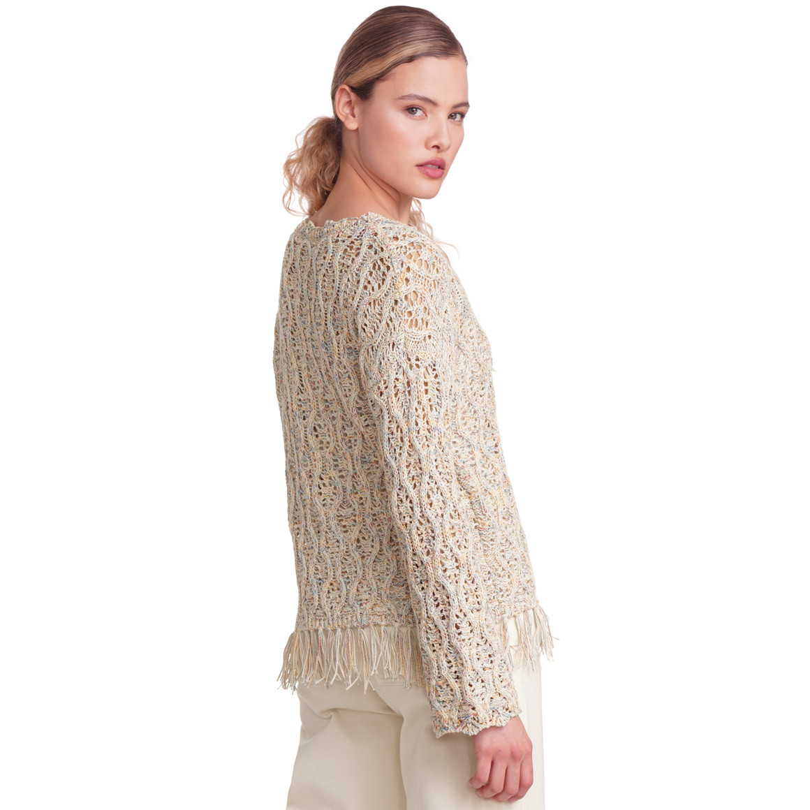 Gina Collection Damen Pullover mit Ajour-Muster beige / bunt