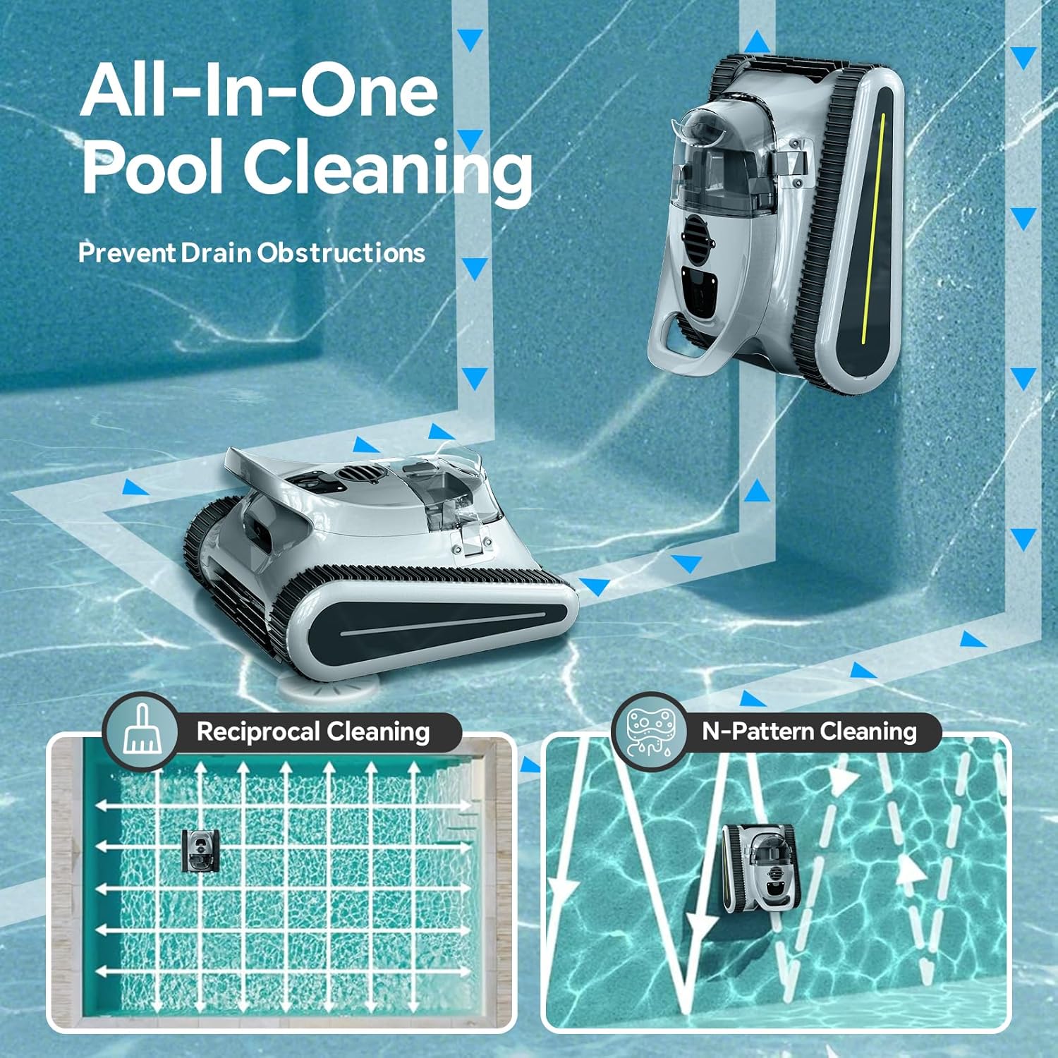 Kabelloser Roboter Poolreiniger - Poolsauger 180 W bürstenloser Motor, 45.000 Pa Saugkraft, Wandklettern, Sonar-Navigation, 3 Modi, automatischer Poolroboter für Innen- und oberirdische Pools bis zu