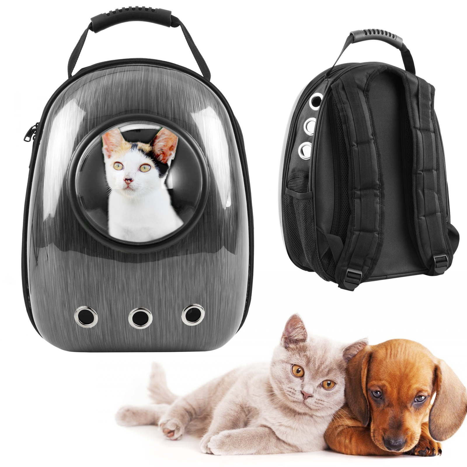 Mochila transportadora para animais de estimação, para cães e gatos, em plástico rígido, cinza.