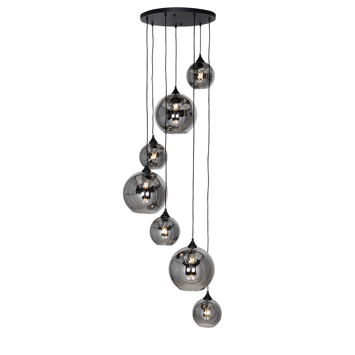 Smart hanglamp zwart met smoke glas rond 7-lichts incl. 7 Wifi A60 - Sandra