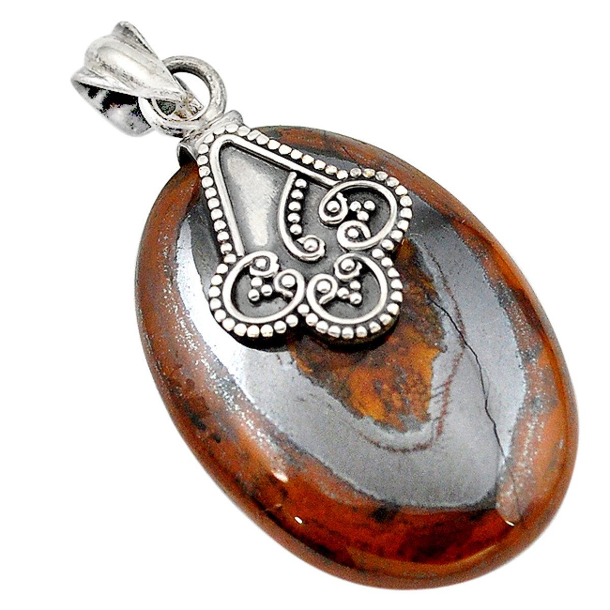 Pendentif en argent ovale en oeil de fer + chaine 3,5cm gxi227
