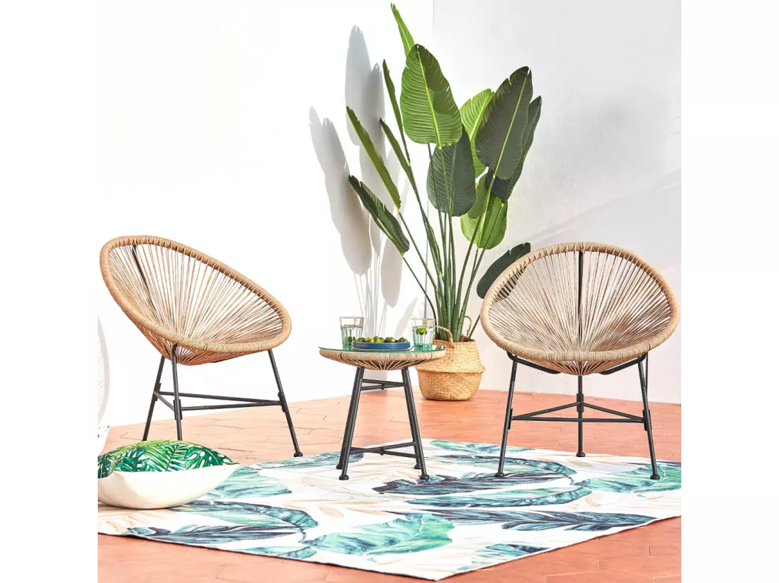 Salon de jardin 2 fauteuils oeuf + table basse beige, ACAPULCO