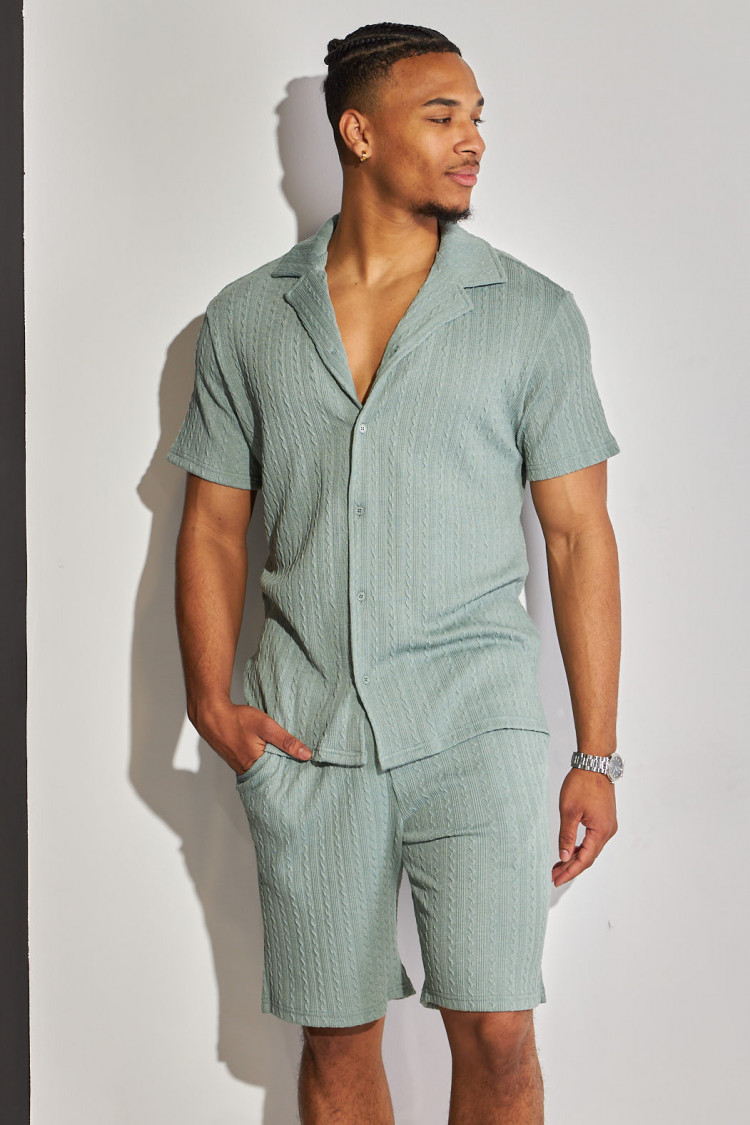Ensemble 2 pièces chemise + short vert à motif vague