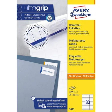 Avery Zweckform 3421 Universal-Etiketten,A4 mit ultragrip,70 x 25,4 mm, 100 Bogen/3.300 Etiketten, weiß