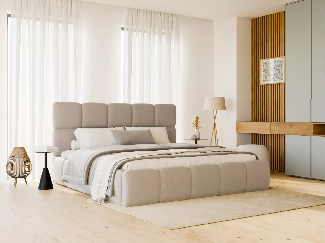 Lit coffre 160 x 200 cm - Tissu chiné - Beige + Matelas - DAMADO de Pascal Morabito