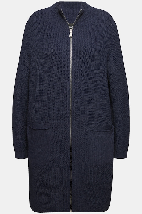 Long-Strickjacke, Oversized, Stehkragen, Rippstrick