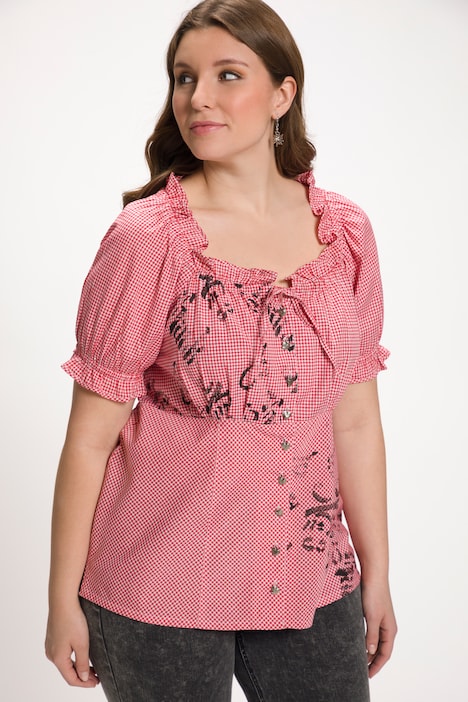Trachten-Carmenbluse, Vichy-Karo, Herzknöpfe, Halbarm