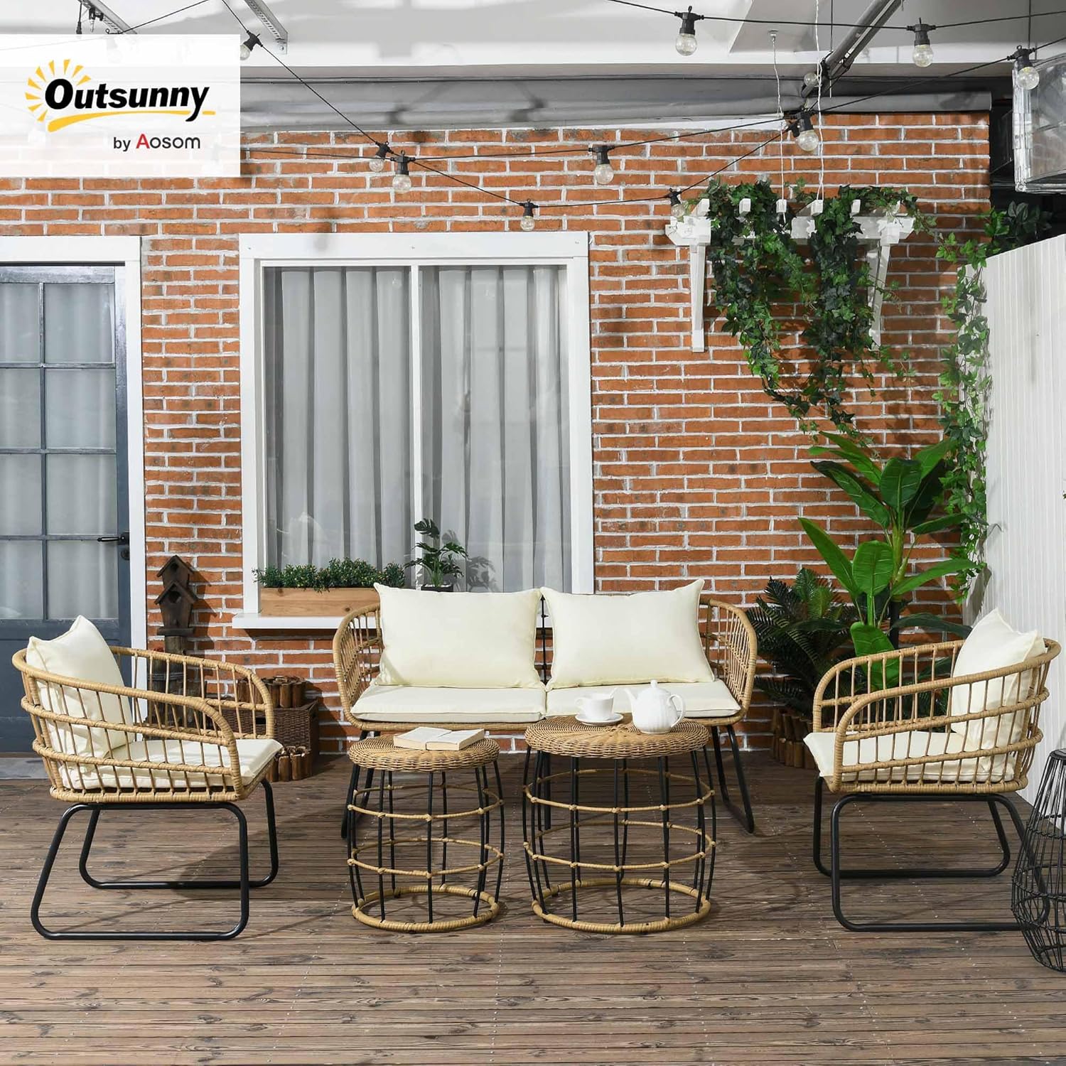 Outsunny 5 TLG. Rattan Gartenmöbel-Set, Sitzgruppe mit Kissen, Gartengarnitur mit 2 Couchtischen, 2 Sesseln, 1 Doppelsofa, Sitzgarnitur für Garten, Terrasse, Stahl, Beige