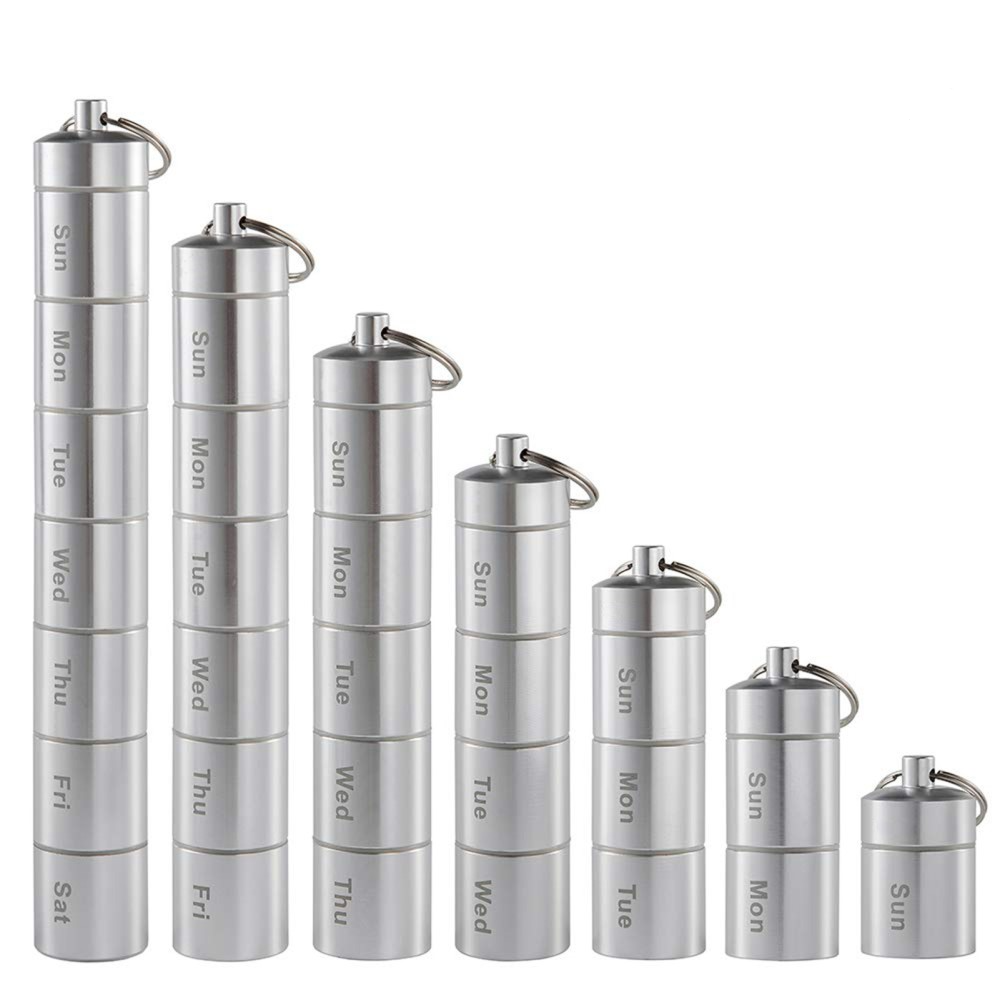 (180x25mm) Metall Medikamenten Dosierer 7 Tage Dosett Tablettenbox Supplements Pillendose Schlüsselanhänger -  Silber